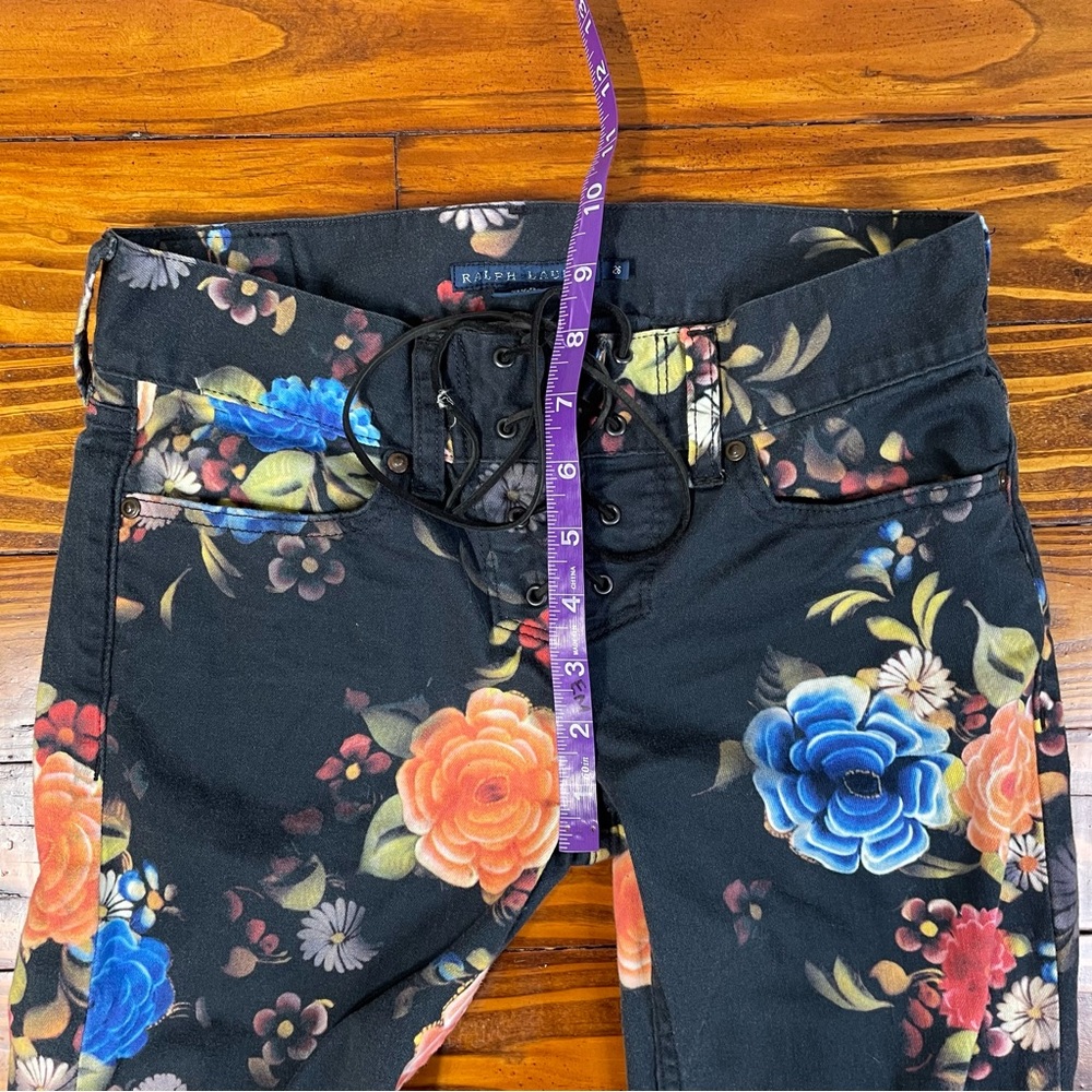 Ralph Lauren Low Cut Floral Jeans with Leather Criss Cross Tie Up sz 26 - Picture 8 of 9